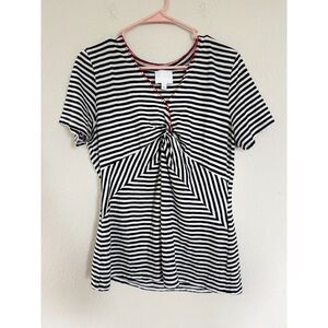 Anthropologie Ett:Twa casual striped twist top size Large ruched red contrast